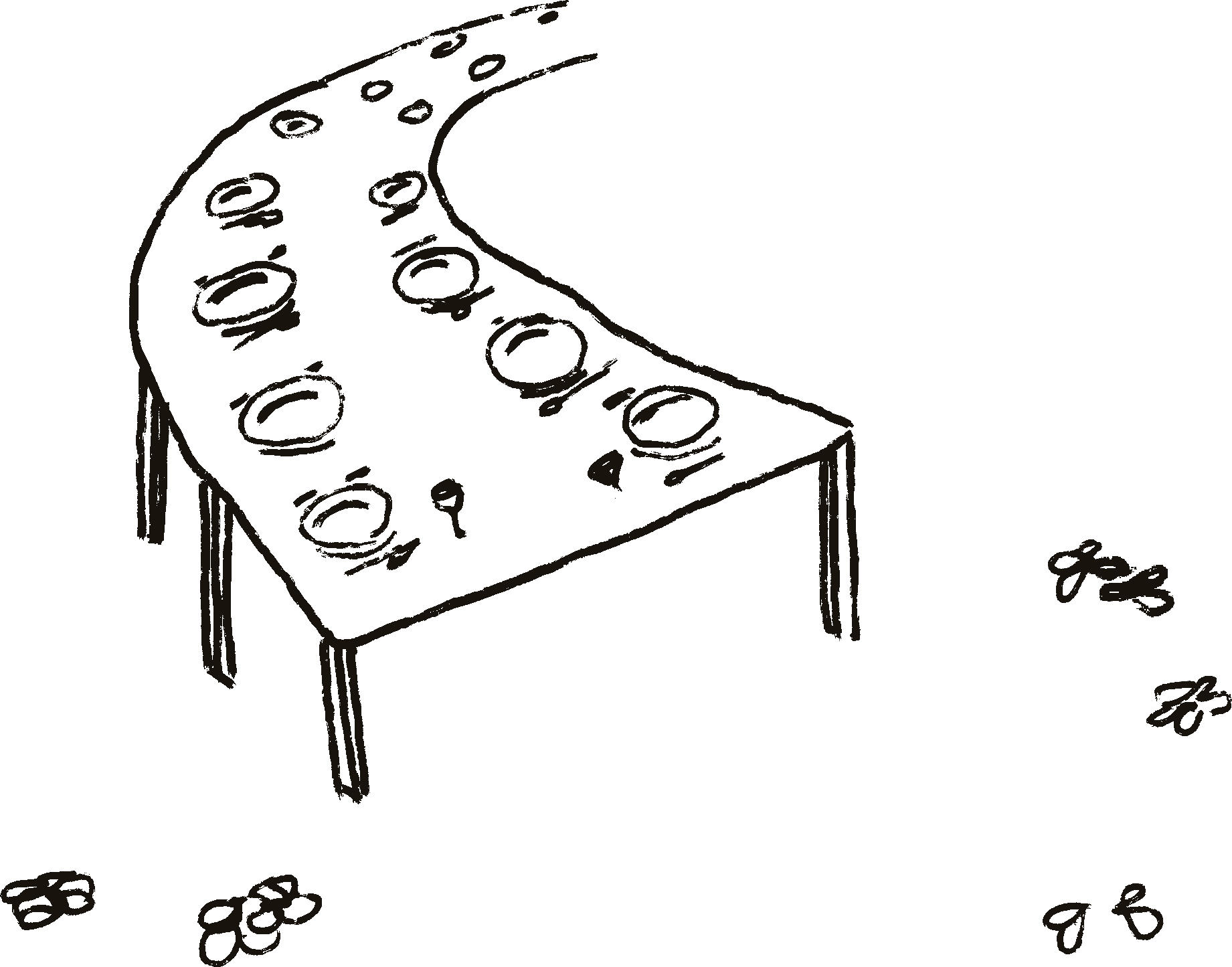 Ilustración line/ink de una mesa de fiesta, por Polly.